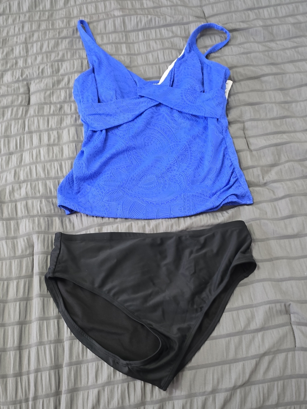 Blue Textured Tankini Top and Black Swim Briefs - Women's Swim Set Sz 12 Nwt